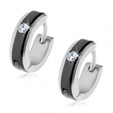 Earrings made of 316L steel with hinged snap fastening, black stripe and clear zircon
