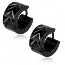 Black hoop earrings made of steel, silver "V" grooves