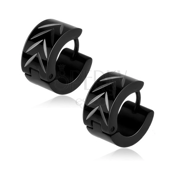 Black hoop earrings made of steel, silver "V" grooves