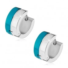 Hinged hoop earrings made of 316L steel with stripes in blue and silver colour