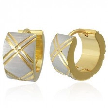 Gold earrings made of steel, silver satin surface, diagonal grooves