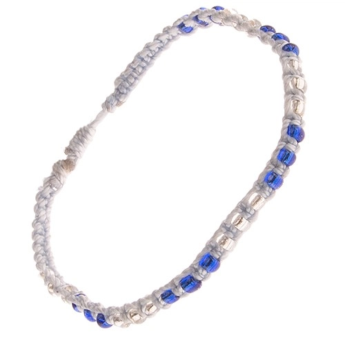 Pale blue string bracelet, clear and dark blue glass beads