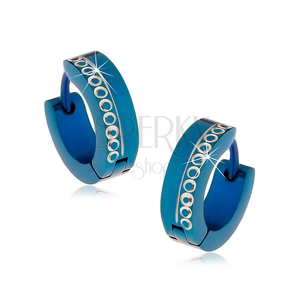 Blue hinged snap earrings made of surgical steel with engraved circles
