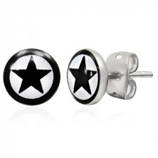 Round steel earrings, black star in circle