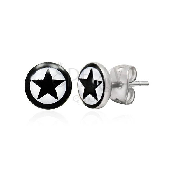 Round steel earrings, black star in circle
