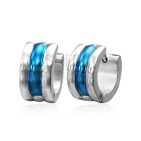 Huggie steel earrings - silver and blue stripes