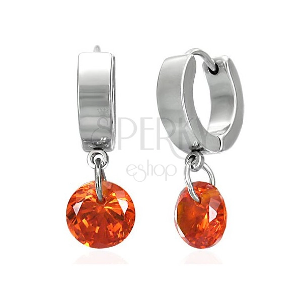 Steel dangling earrings, orange zircon