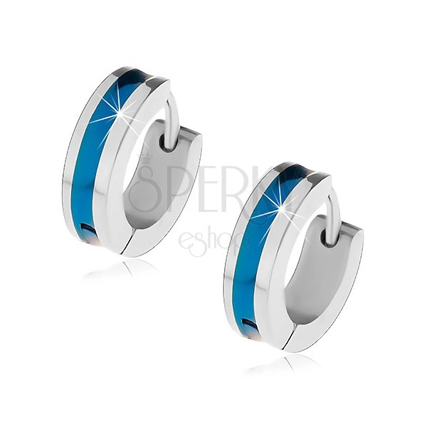 Steel earrings in silver colour with blue strip in the middle