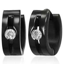 Steel earrings - shiny black hoops, groove, clear stone