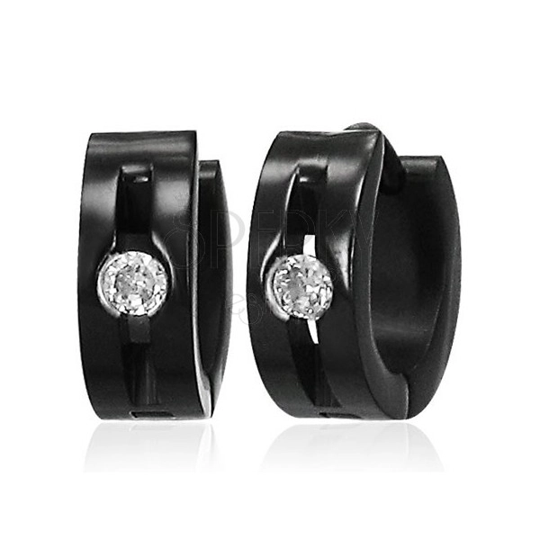 Steel earrings - shiny black hoops, groove, clear stone