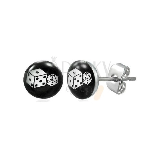 Steel stud earrings, two white dice
