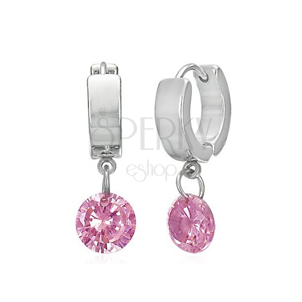 Round steel earrings - smooth and shiny, hanging pink cone