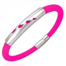Rubber bracelet with metal ID plate - drops, neon pink