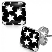 Earrings made of steel - black squares with white stars