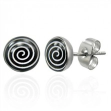 Stud steel earrings - white spiral on black background