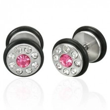 False ear plug with pink zircons and rubber bands - pair