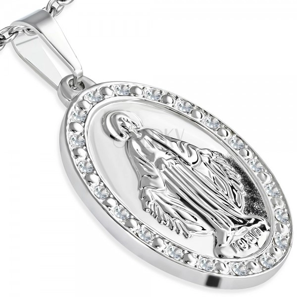 Oval steel pendant - tag with protuberant Virgin Mary, zircon edge