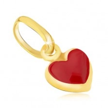 Glossy gold pendant - tiny convex red heart, enamel