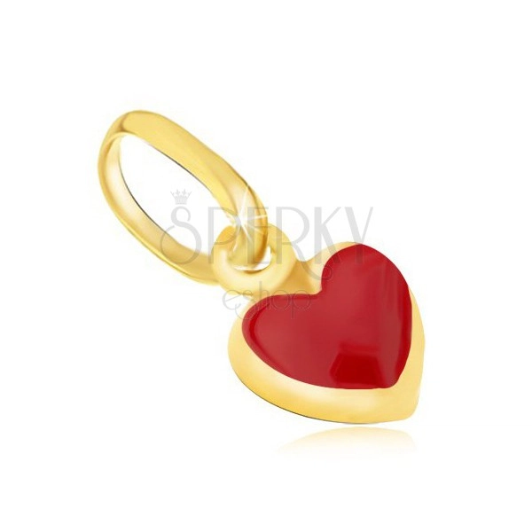 Glossy gold pendant - tiny convex red heart, enamel