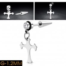 Fake piercing made of 316L steel with zircon, dangling cross and rubber band