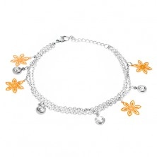 Wrist bracelet - three chains, flowers in gold colour, round mounts with stones