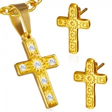 Steel set in gold colour - pendant and earrings, cross, clear stones