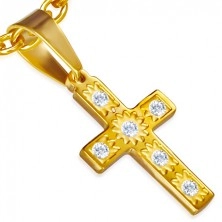Steel set in gold colour - pendant and earrings, cross, clear stones