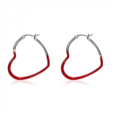 Steel earrings, red symmetrical enamel heart contours