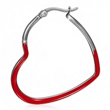Steel earrings, red symmetrical enamel heart contours