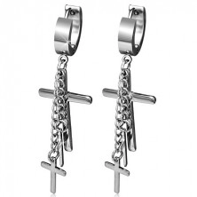 Steel hoop earrings, three Latin crosses, chains