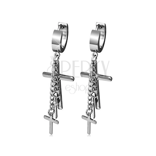 Steel hoop earrings, three Latin crosses, chains