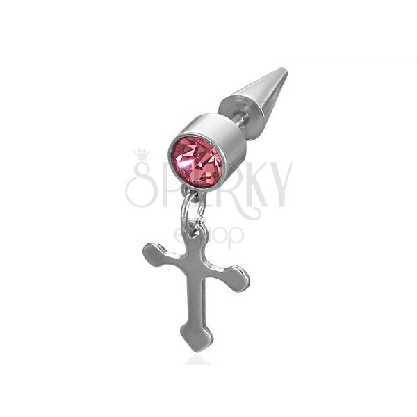 Fake piercing with a cross pendant and pink zircon