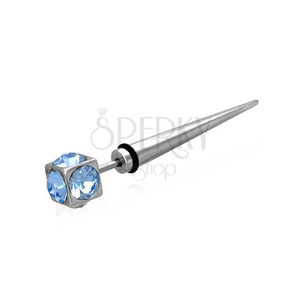 Fake plug in silver colour - dice with light-bluee round zircons, black rubber band