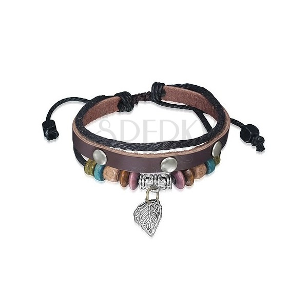 Multi bracelet - brown leather belt with studs, wooden beads, lace, leaf