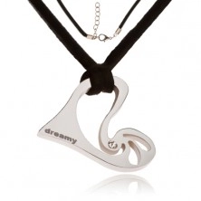 Necklace - black leather string, asymmetrical heart with stone