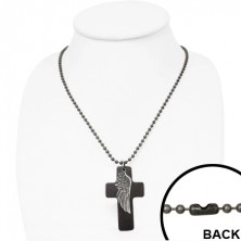 Necklace - black leather cross, wing, matt silver military chainlet