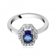 Ring made of silver 925 - dark blue oval stone, zircon contour