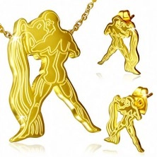 Steel golden set, stud earrings and pendant, Aquarius