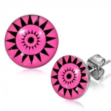 Earrings made of stainless steel, sunny circles on pink background
