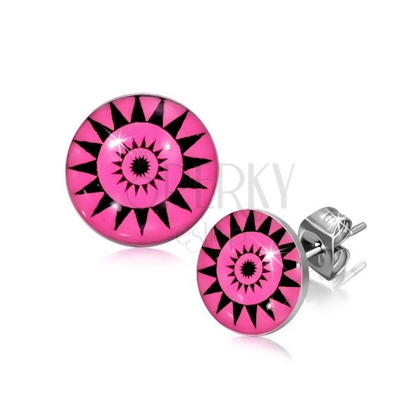 Earrings made of stainless steel, sunny circles on pink background