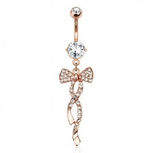 Belly button piercing made of steel in copper color, bow with clear stones