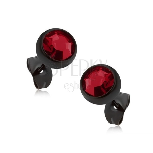 Stud earrings made of steel, black hemisphere with dark red stone