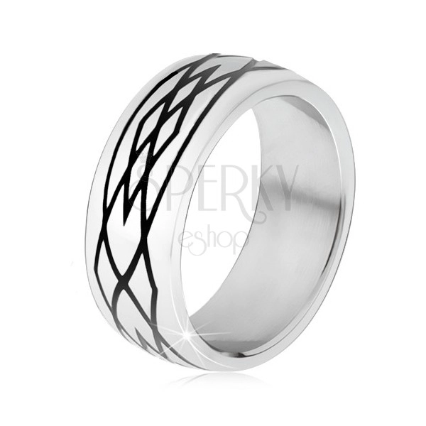 Band ring made of steel 316L, mirror-polished surface, black ornament