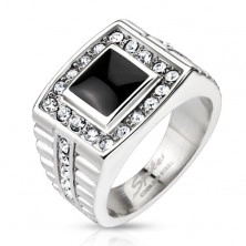 Massive ring made of steel, onyx square with zircon rim