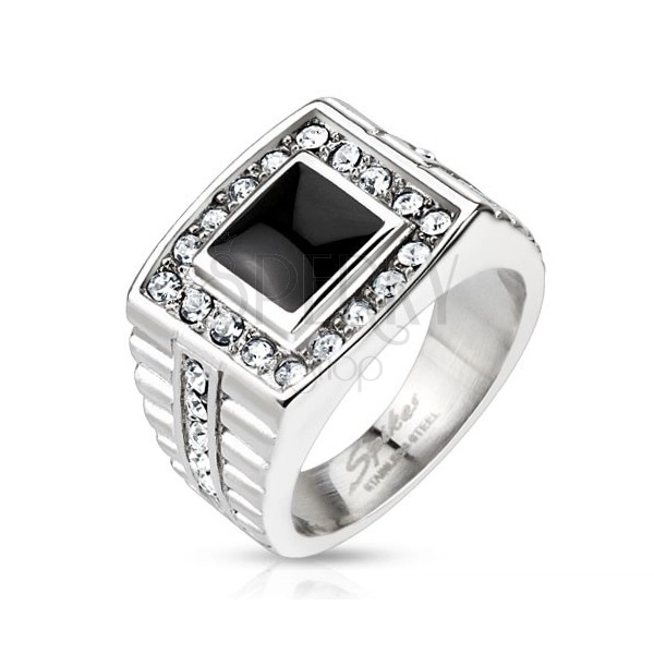 Massive ring made of steel, onyx square with zircon rim