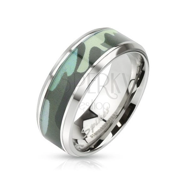 Steel ring with green army motif