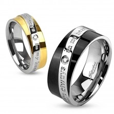 Two-tone steel band ring, diagonal stripe with declaration of love, clear zircon