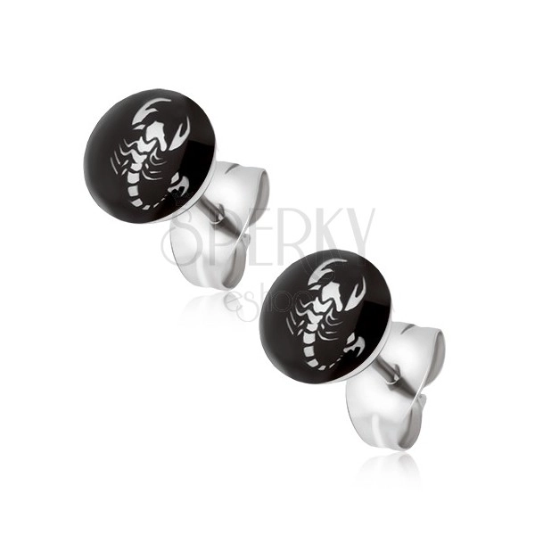 Steel earrings, black and white picture of scorpion