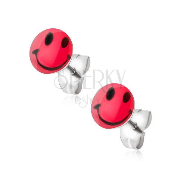 Stud earrings made of stainless steel, red smiley