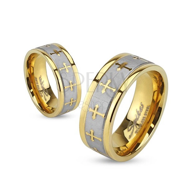 Ring made of steel in gold colour, silver satin stripe, crosses bottony